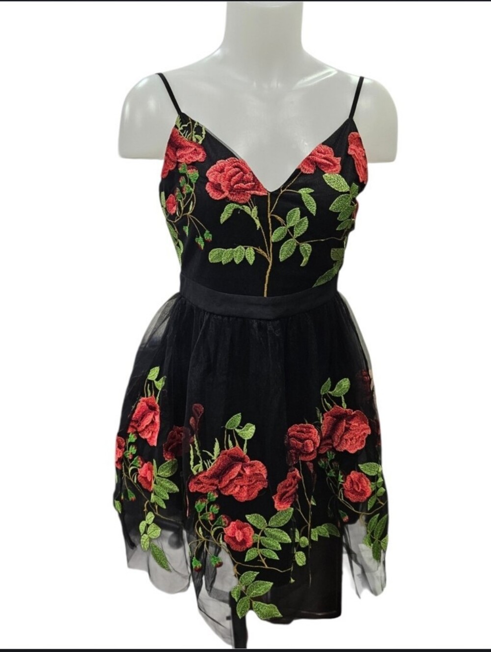 Agaci Embroidered Roses Black Mini Dress Sz S Poofy Tulle Overlay Prom Party